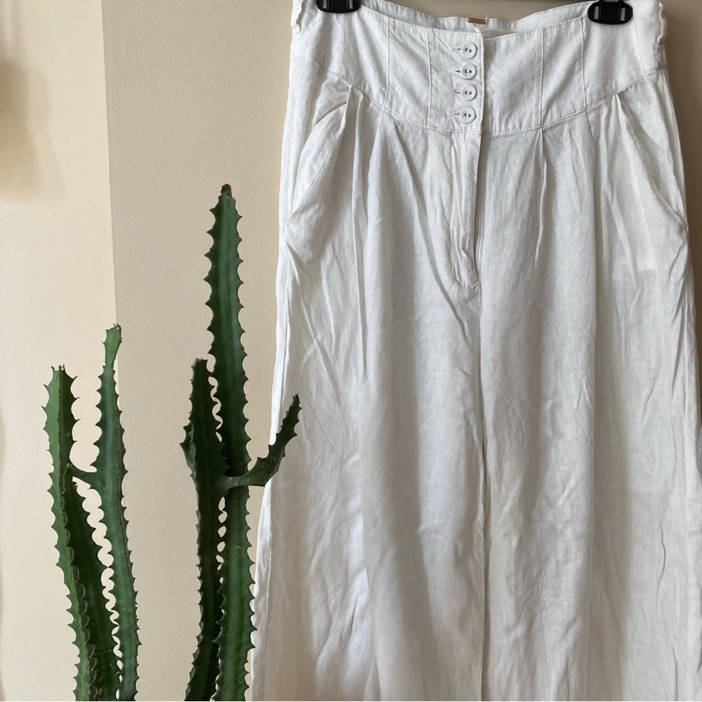 Free People Long White Linen Trousers with Button Fly